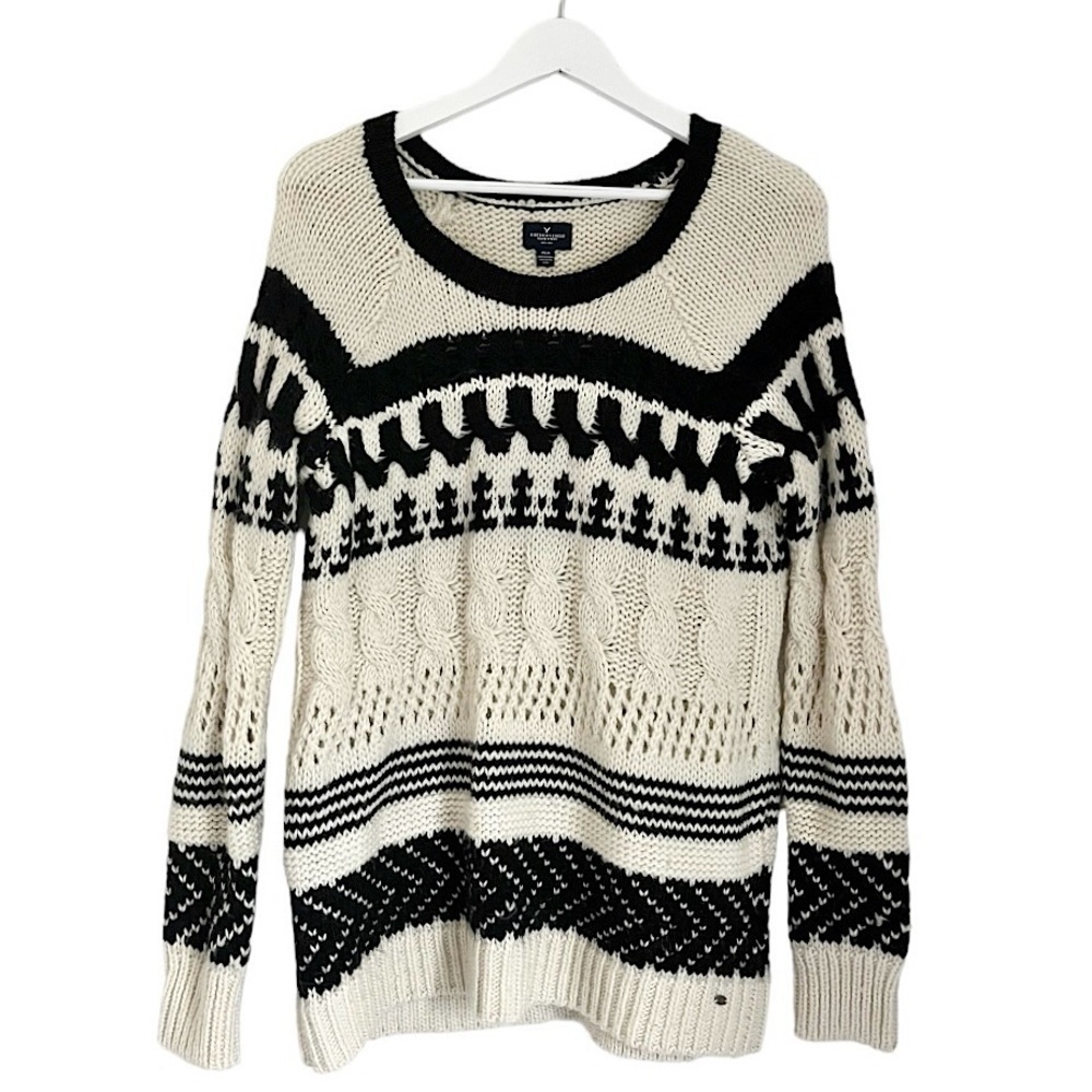 American Eagle Wool Cable Knit Fair Isle Knit Sweater Black White Size Medium